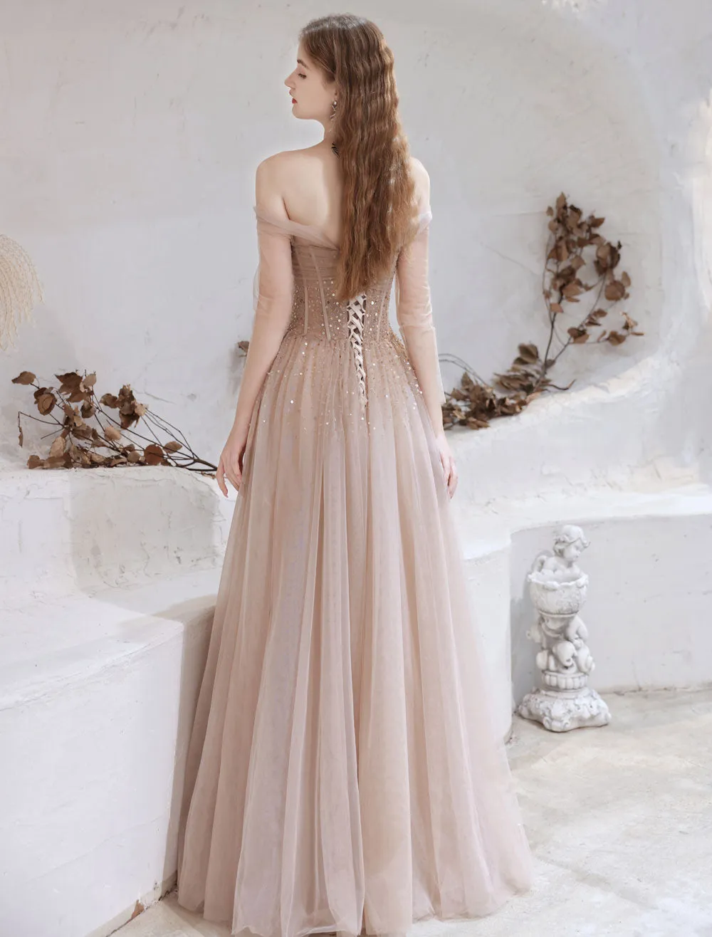 Stunning Evening Dress Nude Color A Line Bateau Neck Floor Length Sequins Formal Party Dresses Pageant Dress