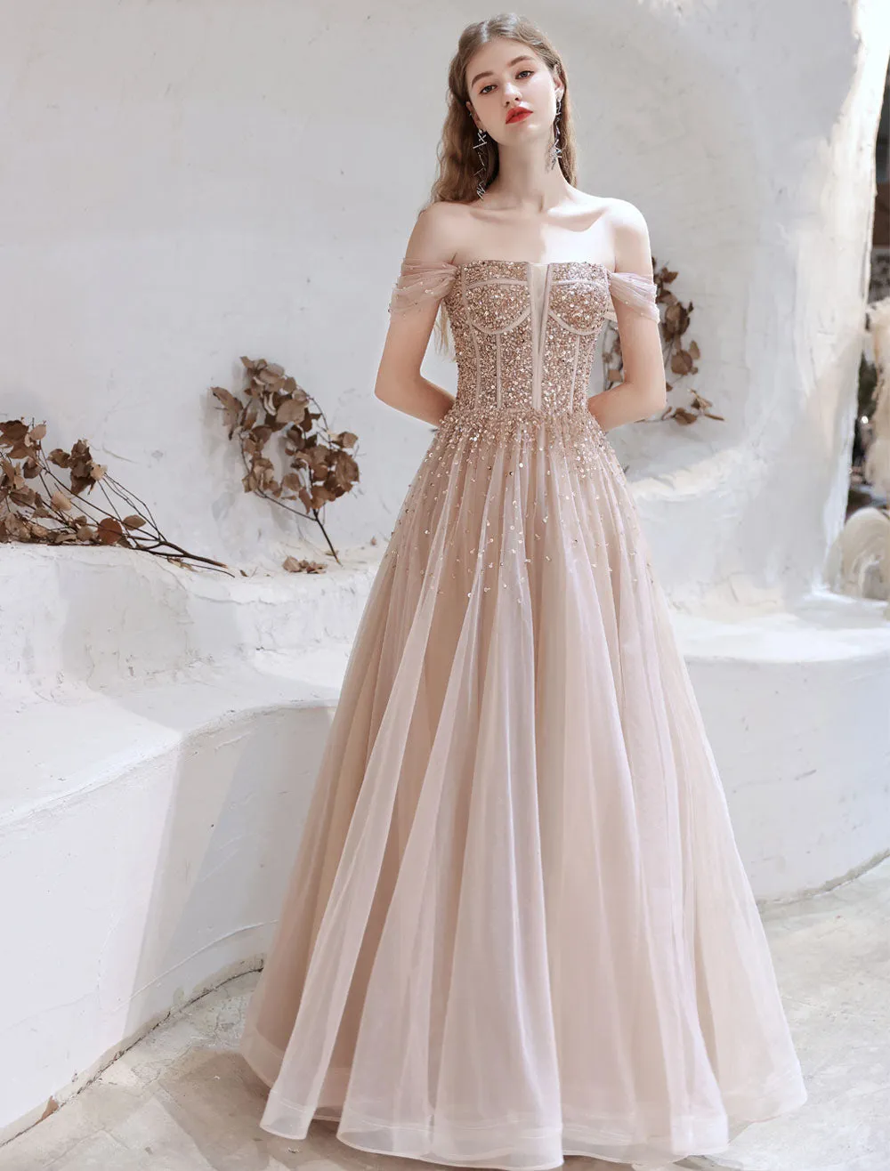 Stunning Evening Dress Nude Color A Line Bateau Neck Floor Length Short Sleeves Lace Up Sequins Formal Dinner Dresses Pageant Dress