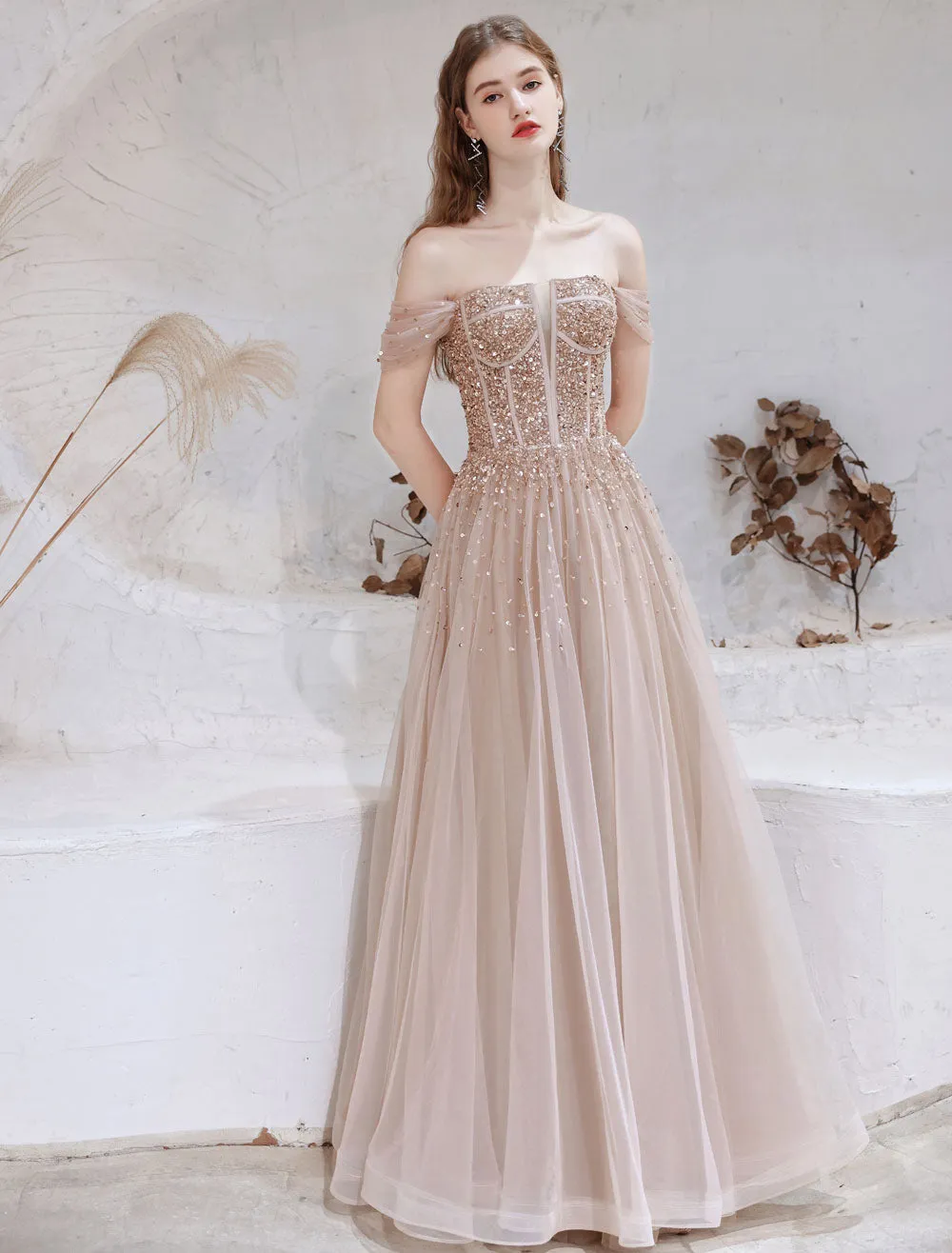 Stunning Evening Dress Nude Color A Line Bateau Neck Floor Length Short Sleeves Lace Up Sequins Formal Dinner Dresses Pageant Dress