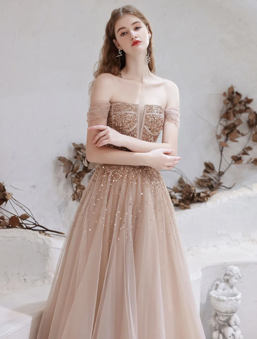 Stunning Evening Dress Nude Color A Line Bateau Neck Floor Length Short Sleeves Lace Up Sequins Formal Dinner Dresses Pageant Dress