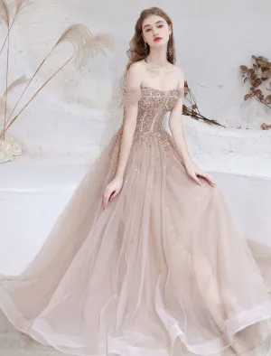 Stunning Evening Dress Nude Color A Line Bateau Neck Floor Length Short Sleeves Lace Up Sequins Formal Dinner Dresses Pageant Dress
