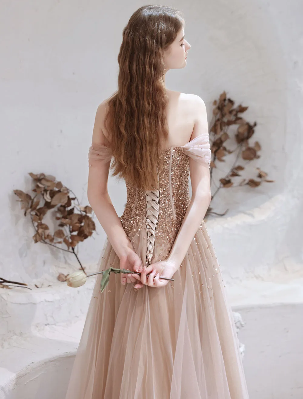Stunning Evening Dress Nude Color A Line Bateau Neck Floor Length Short Sleeves Lace Up Sequins Formal Dinner Dresses Pageant Dress