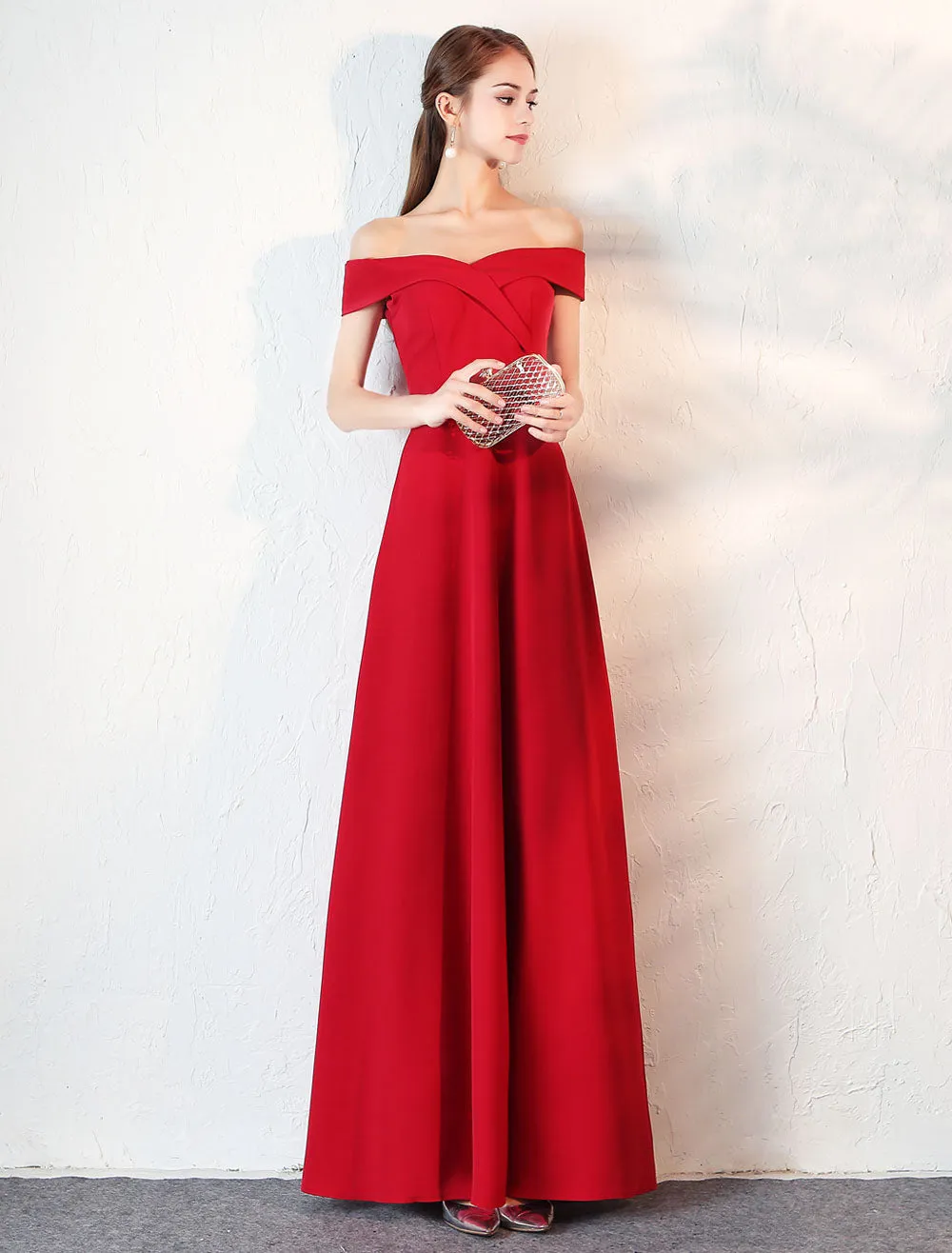 Stunning Evening Dresses Burgundy Off The Shoulder evening dress Satin Floor Length Formal Party Dress wedding guest dress