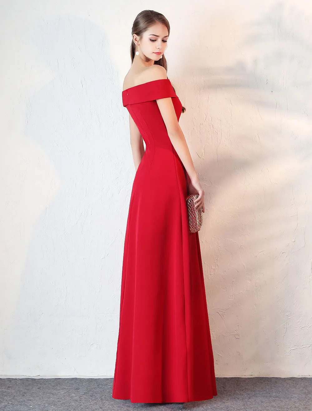 Stunning Evening Dresses Burgundy Off The Shoulder evening dress Satin Floor Length Formal Party Dress wedding guest dress