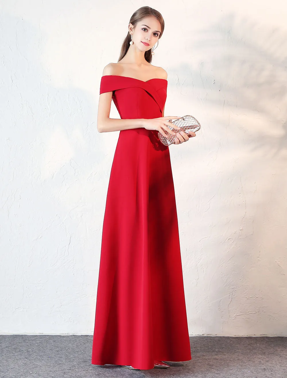 Stunning Evening Dresses Burgundy Off The Shoulder evening dress Satin Floor Length Formal Party Dress wedding guest dress