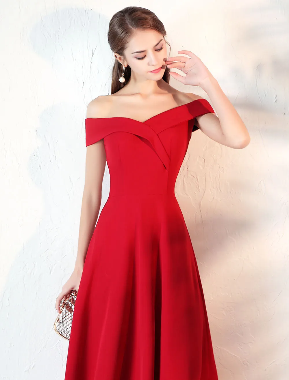 Stunning Evening Dresses Burgundy Off The Shoulder evening dress Satin Floor Length Formal Party Dress wedding guest dress