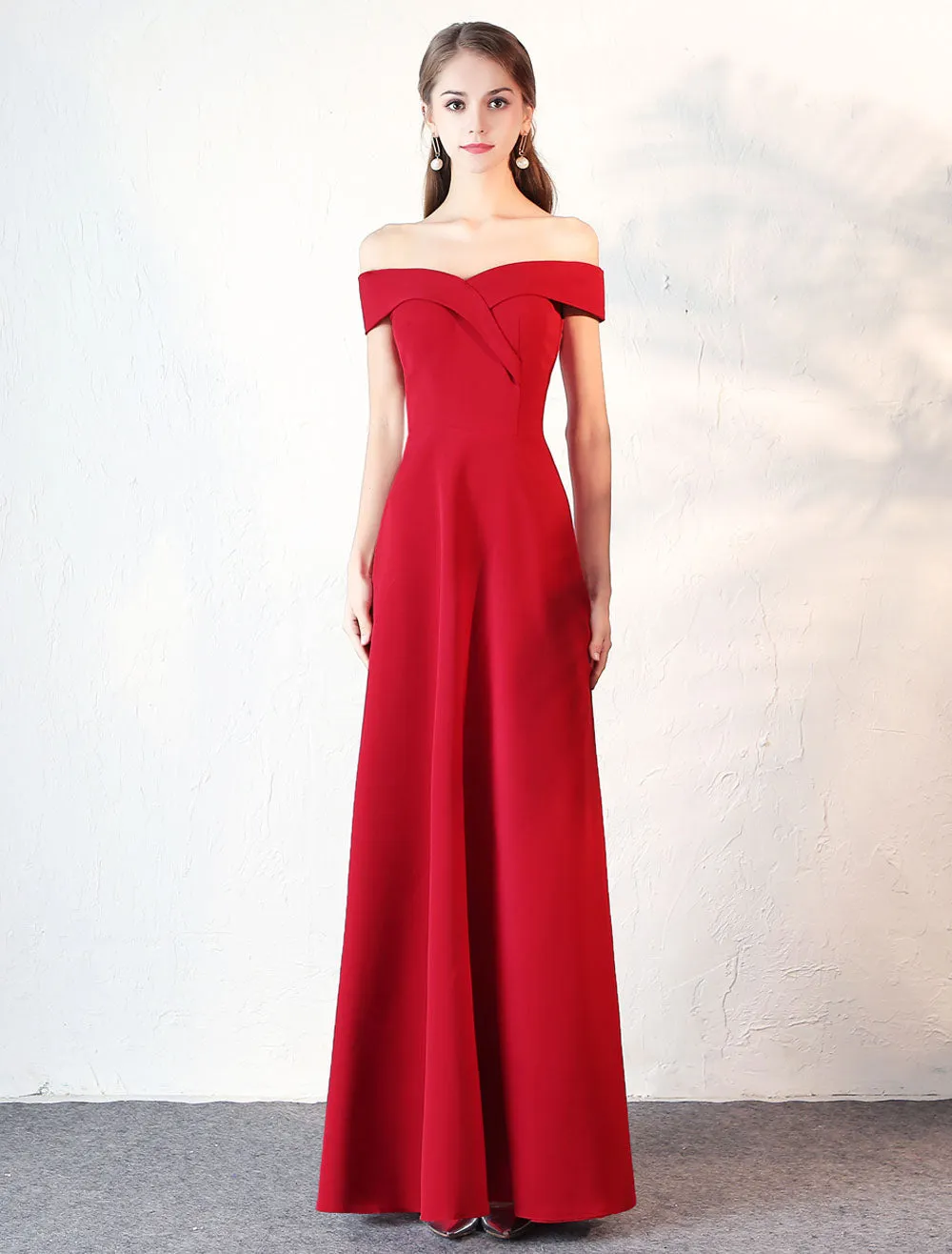 Stunning Evening Dresses Burgundy Off The Shoulder evening dress Satin Floor Length Formal Party Dress wedding guest dress