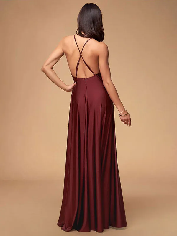 Stunning Women Evening Dress Burgundy A Line Criss Cross Lycra Spandex Formal Dinner Dresses