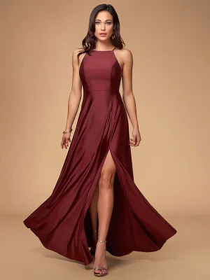Stunning Women Evening Dress Burgundy A Line Criss Cross Lycra Spandex Formal Dinner Dresses