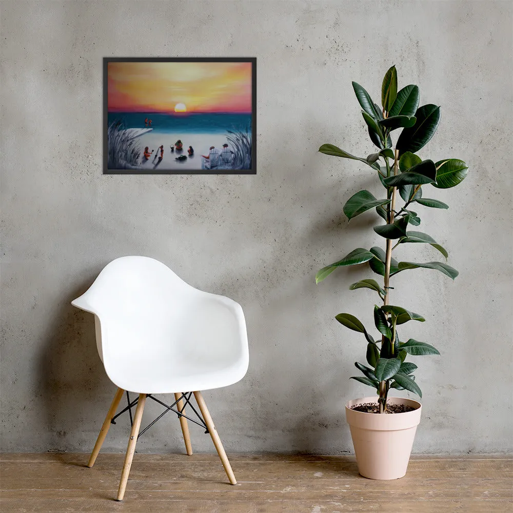 Sunset with beach goers Framed poster
