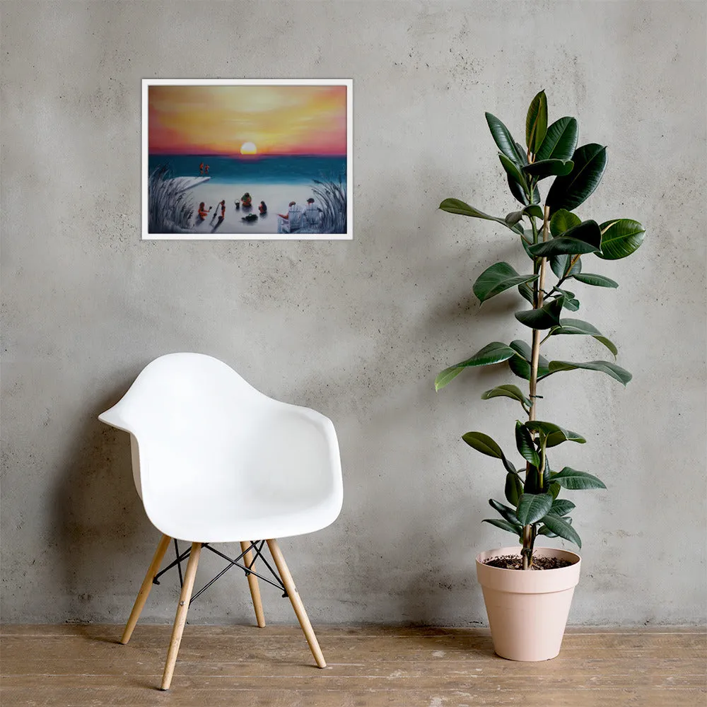 Sunset with beach goers Framed poster