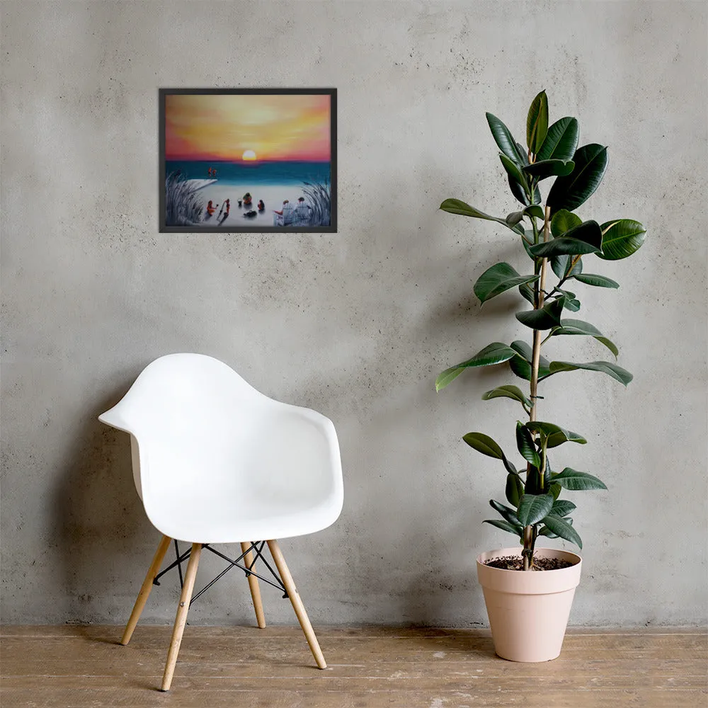 Sunset with beach goers Framed poster