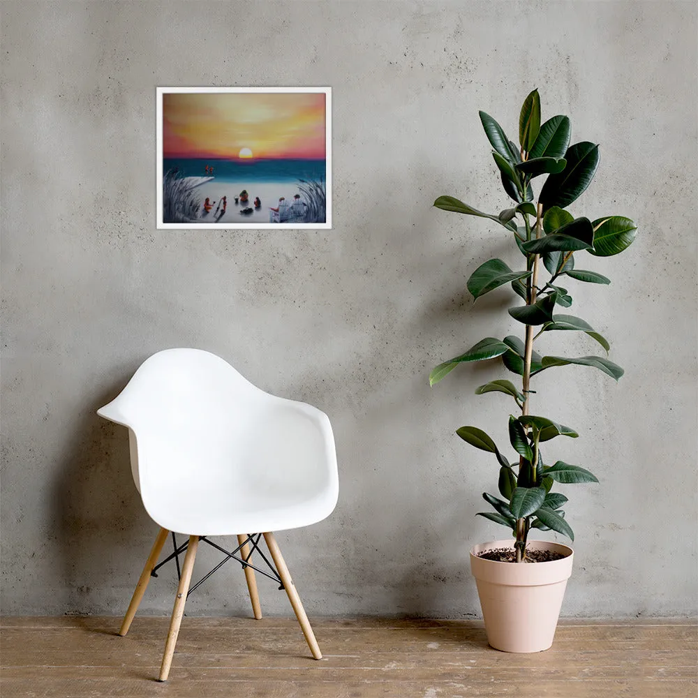 Sunset with beach goers Framed poster
