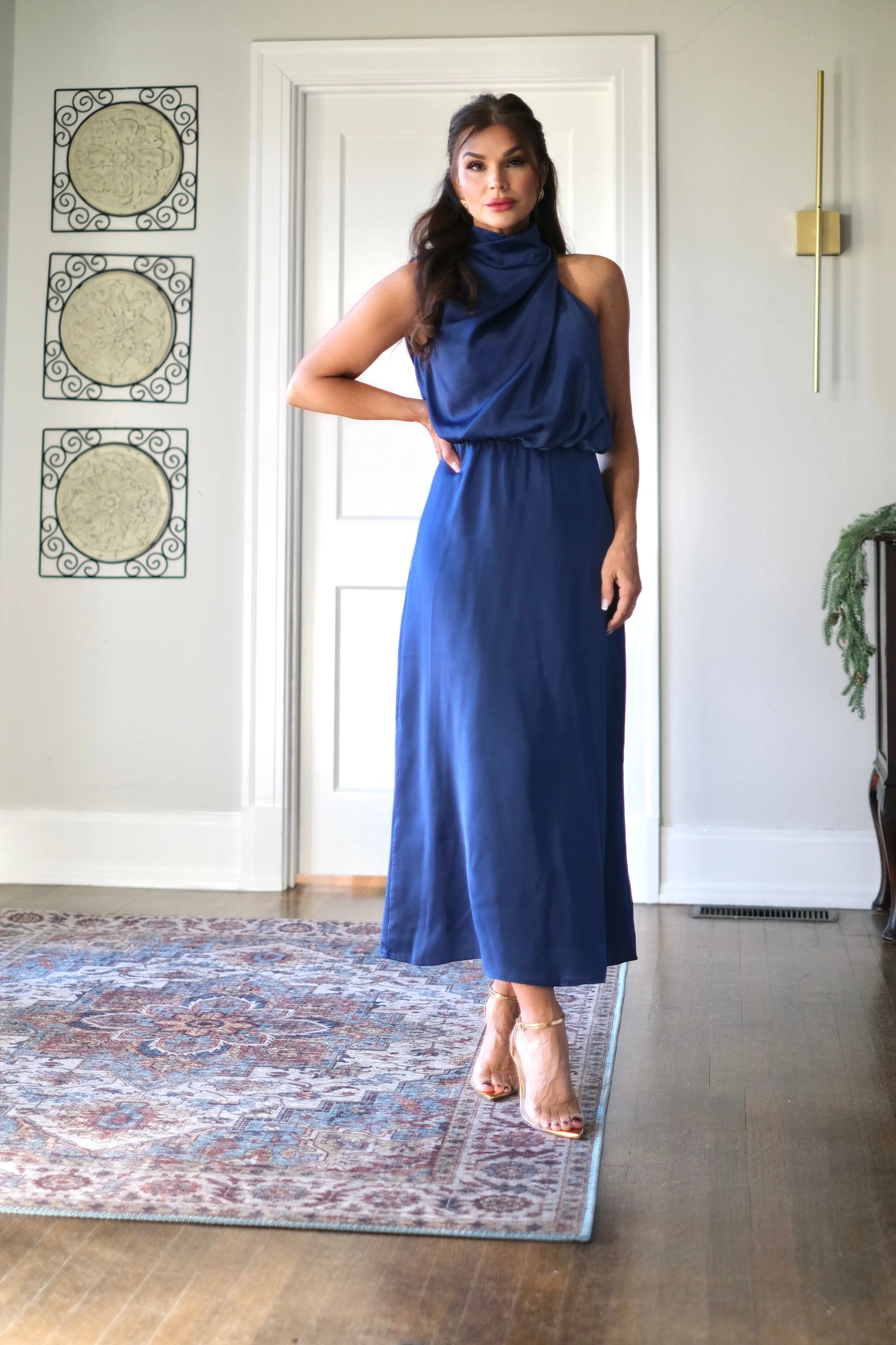 Suzanne Blue Satin Sleeveless Midi Dress