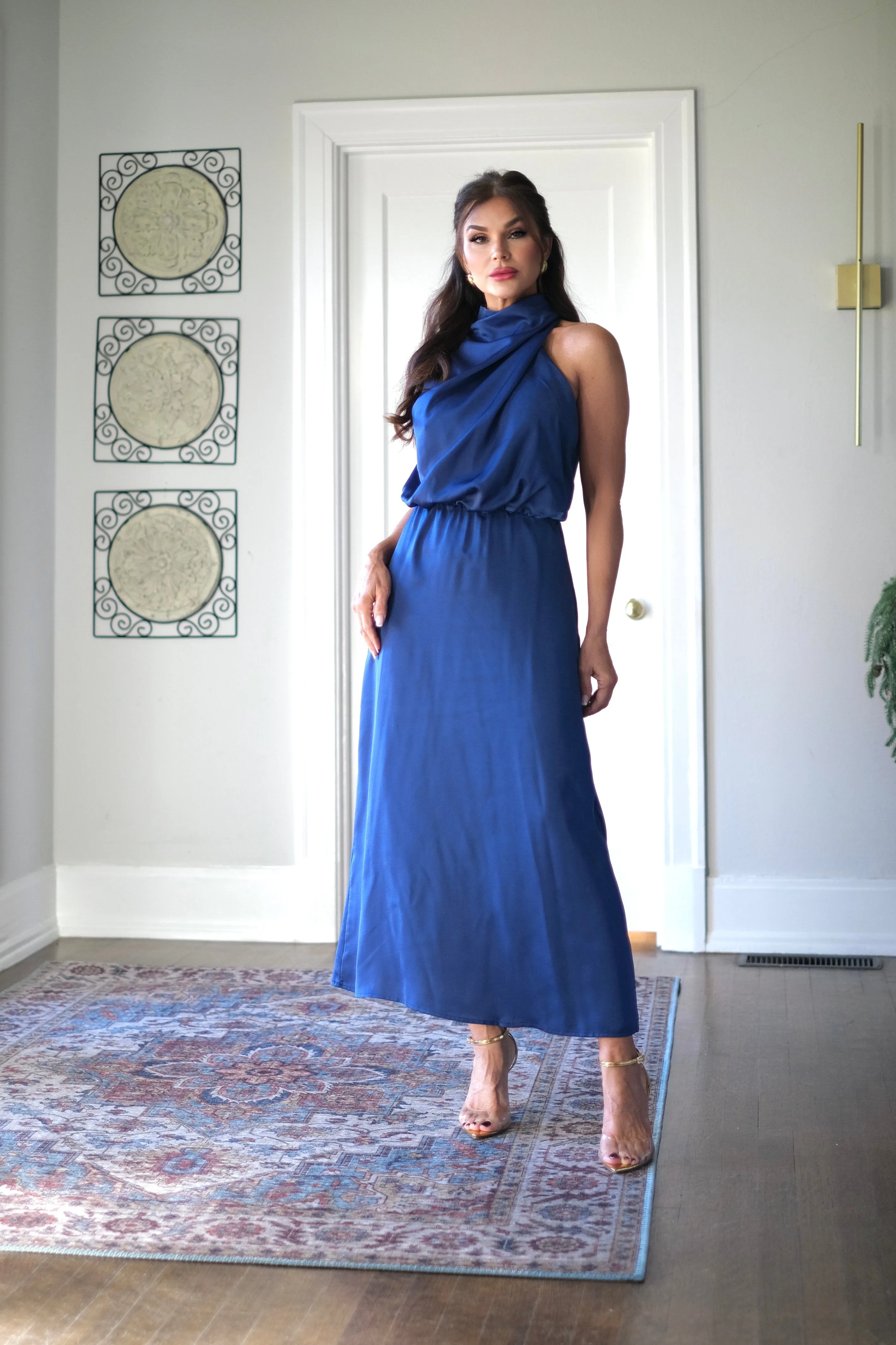 Suzanne Blue Satin Sleeveless Midi Dress