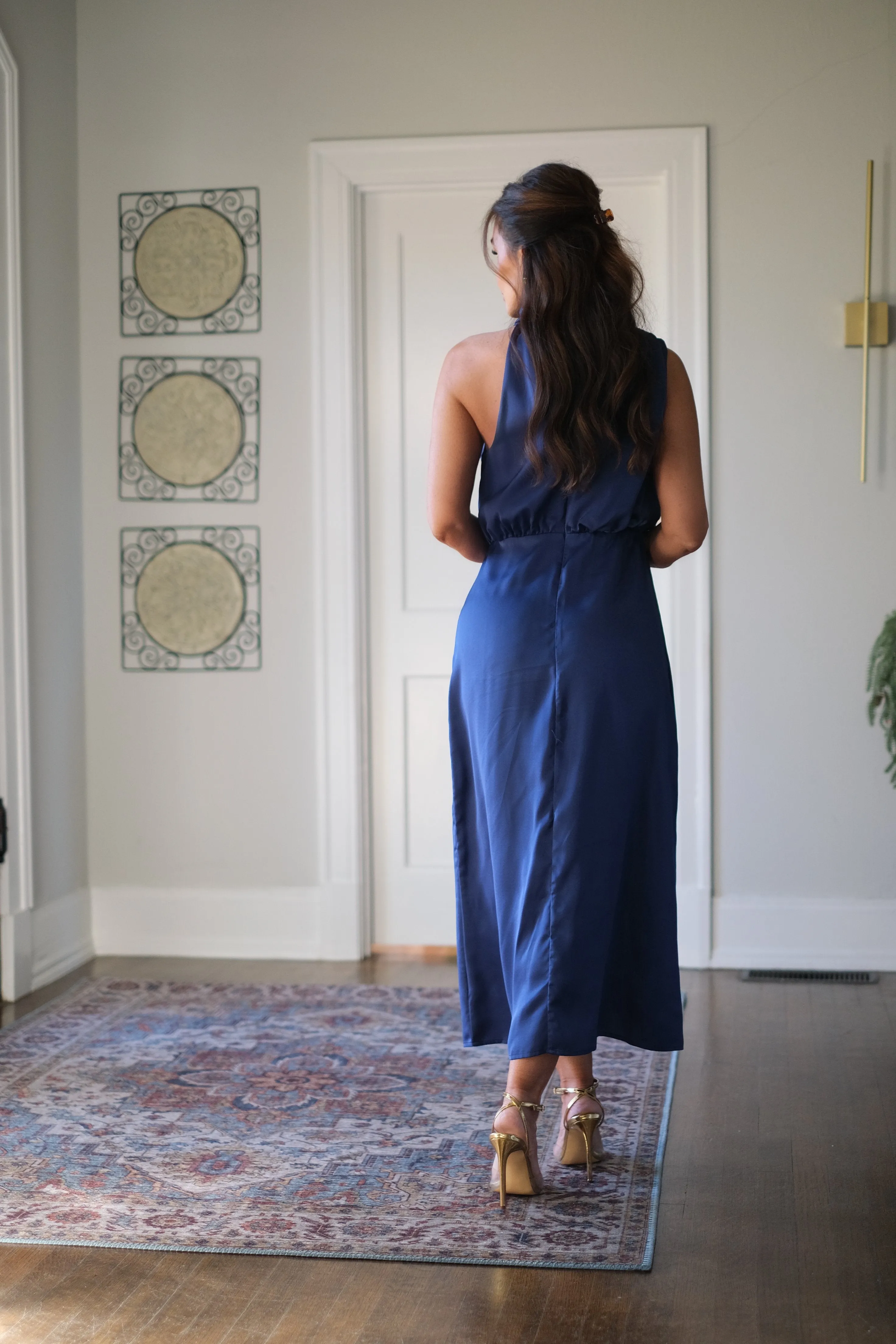 Suzanne Blue Satin Sleeveless Midi Dress