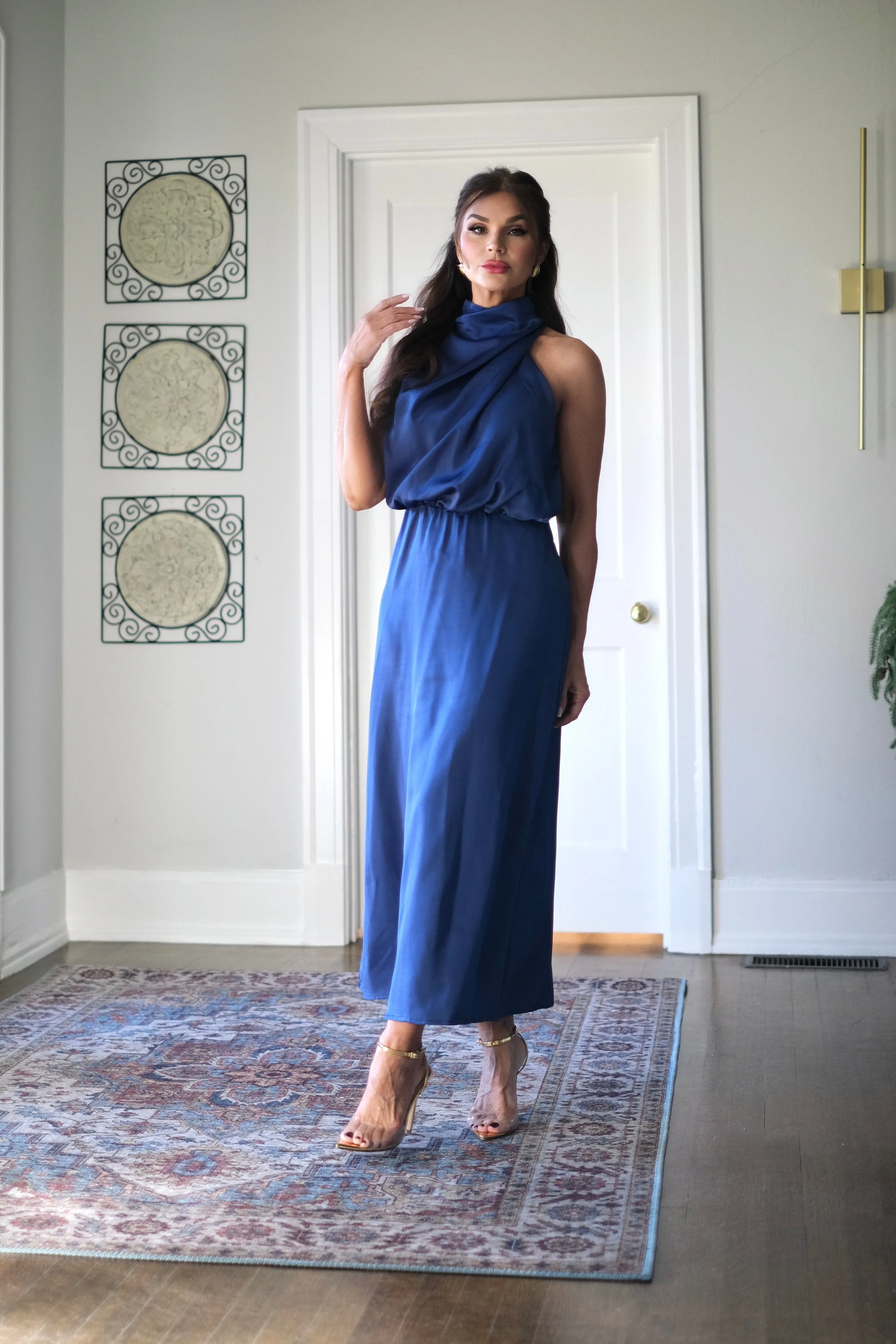 Suzanne Blue Satin Sleeveless Midi Dress