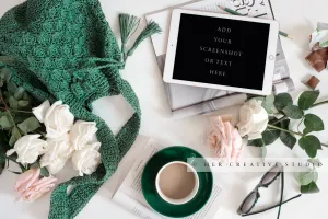 Tablet, Coffee, Roses & Tote. Digital Stock Image