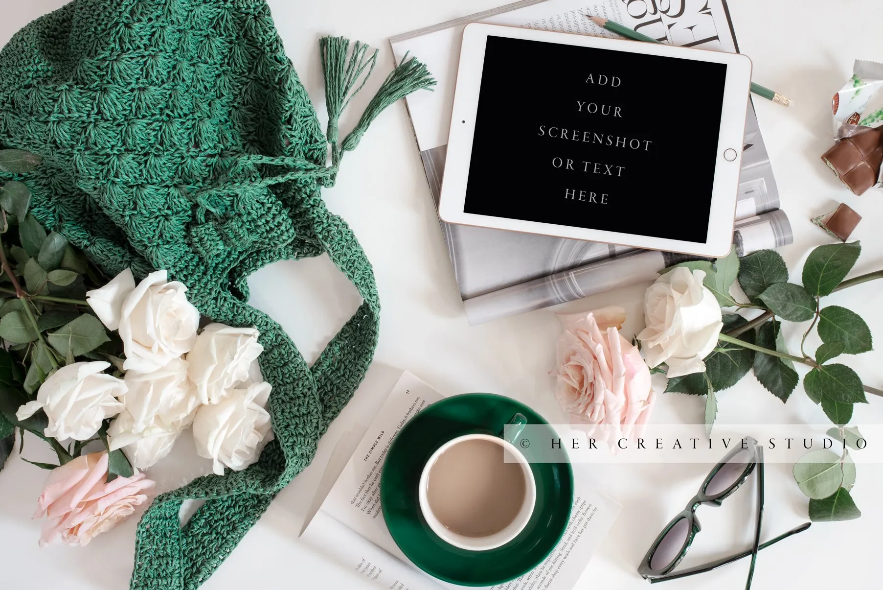 Tablet, Coffee, Roses & Tote. Digital Stock Image