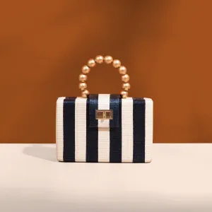 THE LOUISA Blue & Cream Stripe Woven Straw Clutch Bag