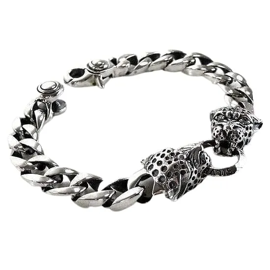 Tiger Head Sterling Silver Mens Bracelet