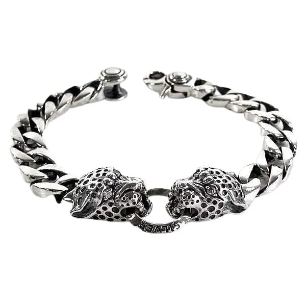 Tiger Head Sterling Silver Mens Bracelet