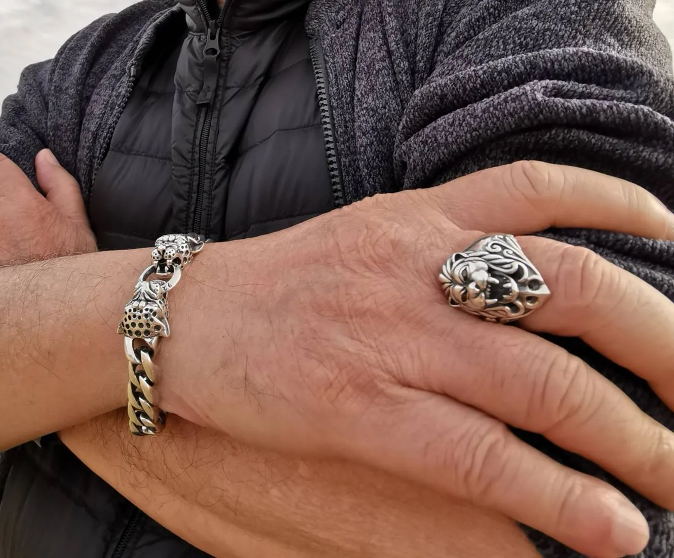 Tiger Head Sterling Silver Mens Bracelet