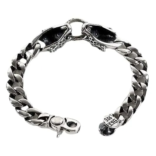 Tiger Head Sterling Silver Mens Bracelet