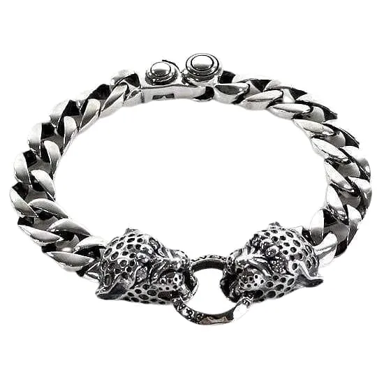 Tiger Head Sterling Silver Mens Bracelet