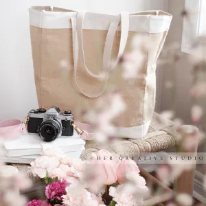 Tote, Camera & Flowers on Bench, Styled Image