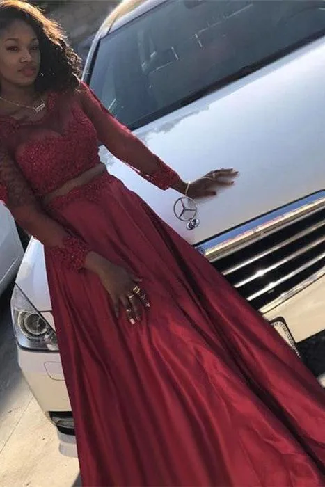 Two Pieces Round Neck Long Sleevess A-Line Prom Party Gowns