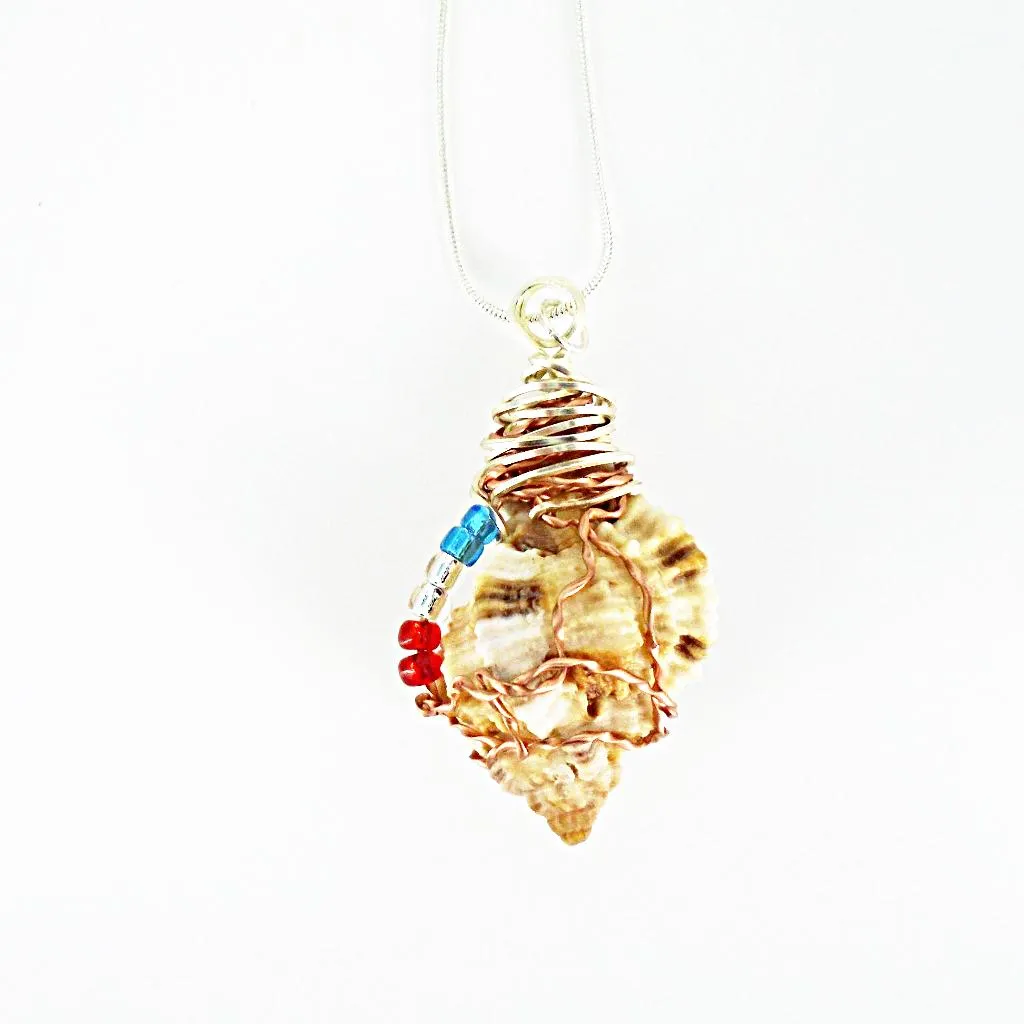 Unique Apple Murex Seashell Pendant with Copper & Silver Wire Wrap & Multi-Color Glass Beads on Black Rope-Beach Boho