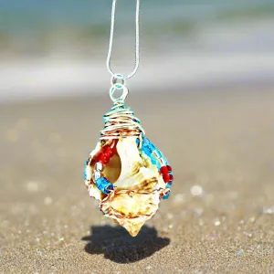 Unique Apple Murex Seashell Pendant with Copper & Silver Wire Wrap & Multi-Color Glass Beads on Black Rope-Beach Boho