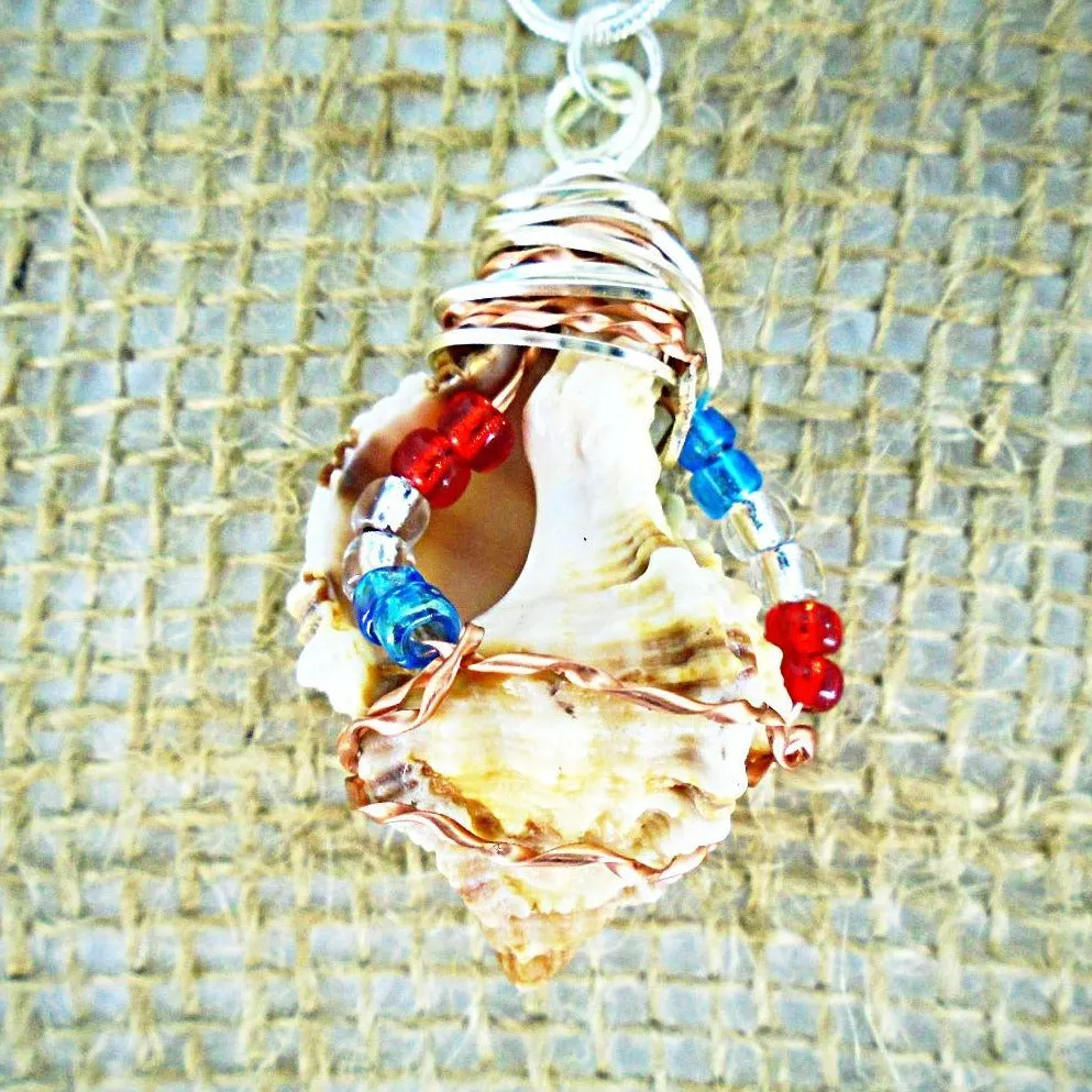 Unique Apple Murex Seashell Pendant with Copper & Silver Wire Wrap & Multi-Color Glass Beads on Black Rope-Beach Boho