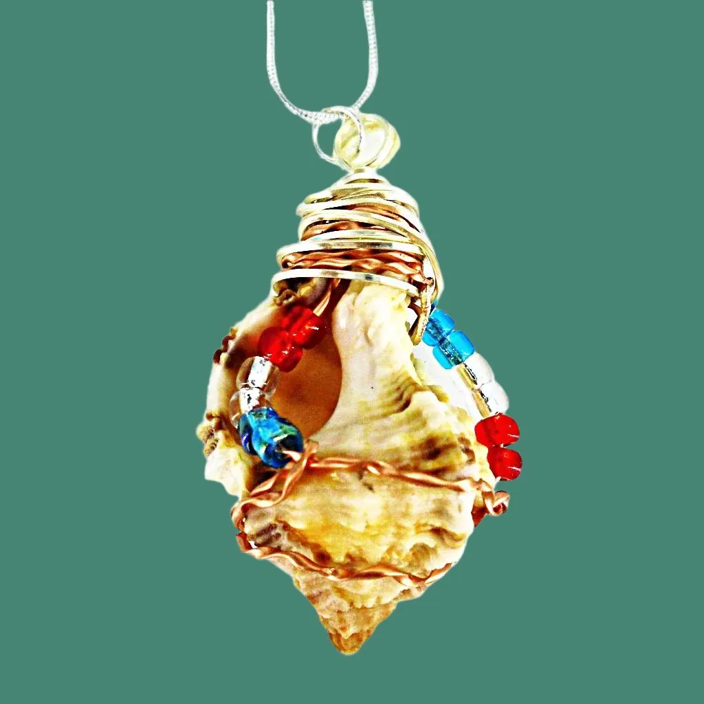 Unique Apple Murex Seashell Pendant with Copper & Silver Wire Wrap & Multi-Color Glass Beads on Black Rope-Beach Boho