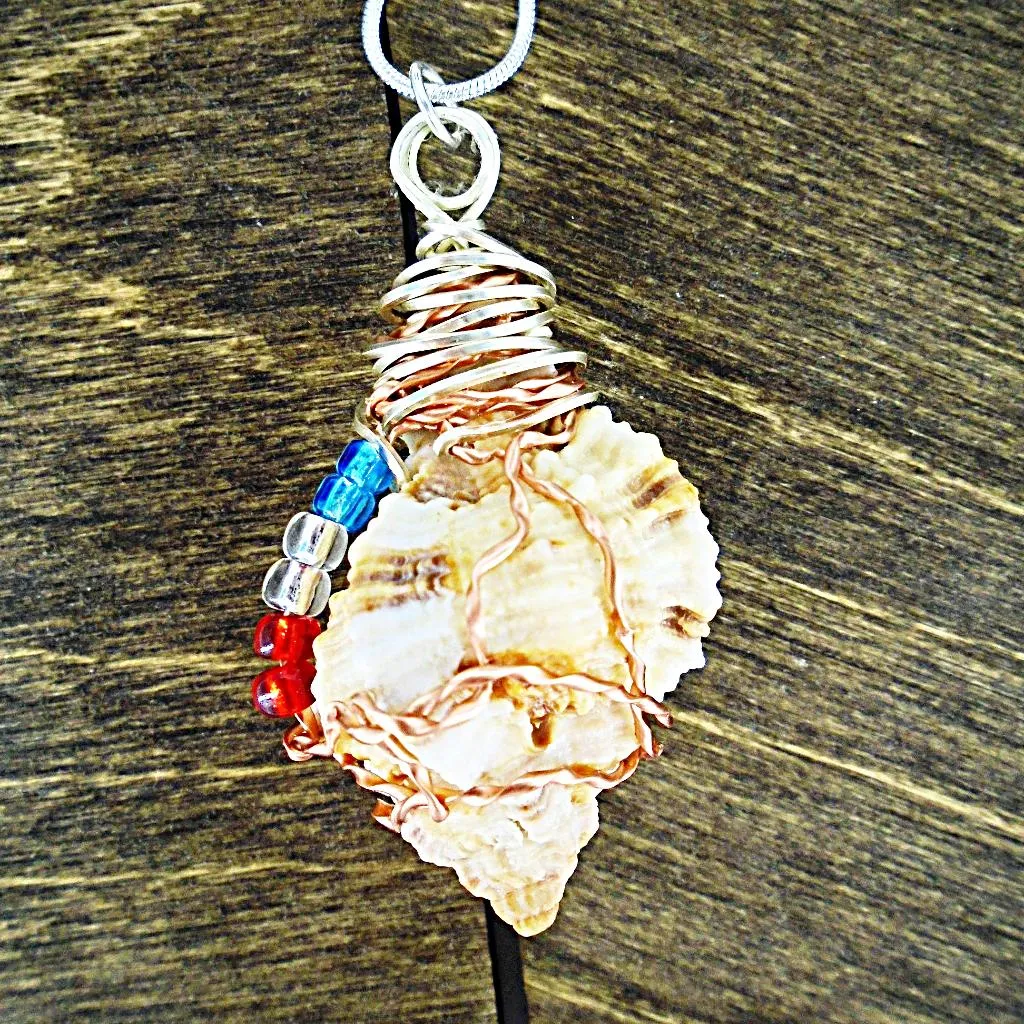 Unique Apple Murex Seashell Pendant with Copper & Silver Wire Wrap & Multi-Color Glass Beads on Black Rope-Beach Boho