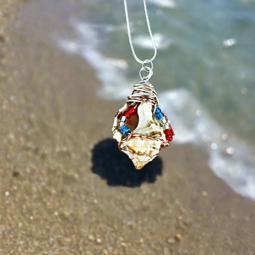 Unique Apple Murex Seashell Pendant with Copper & Silver Wire Wrap & Multi-Color Glass Beads on Black Rope-Beach Boho
