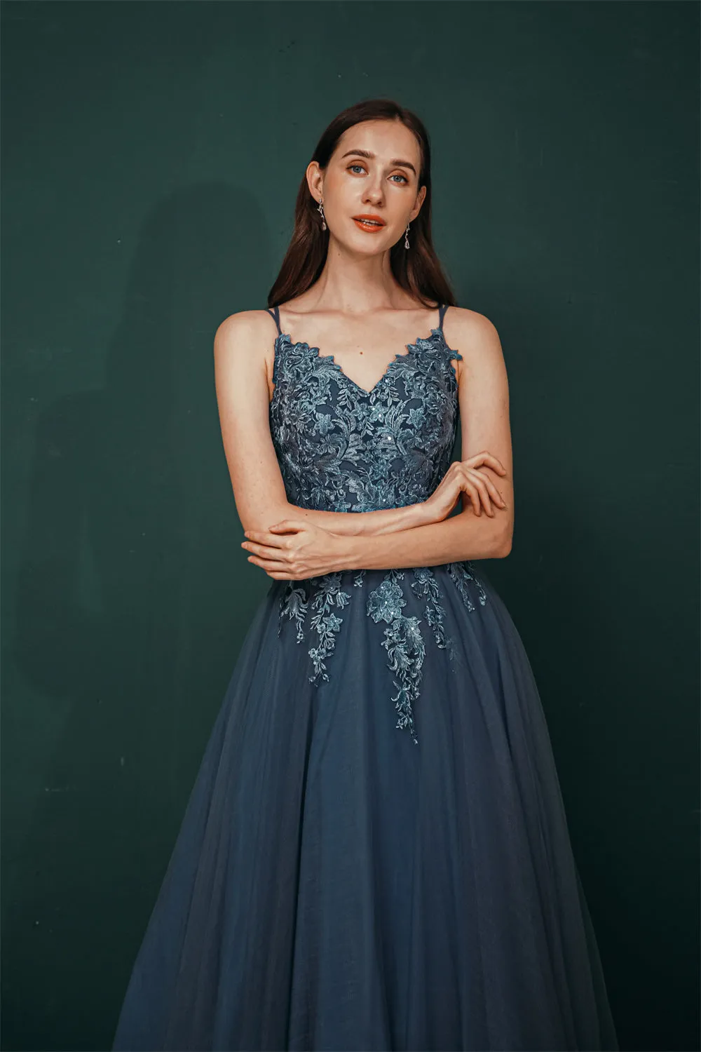 Unique Dusty Blue Tulle A-line Low back Spaghetti-strap Prom Dress