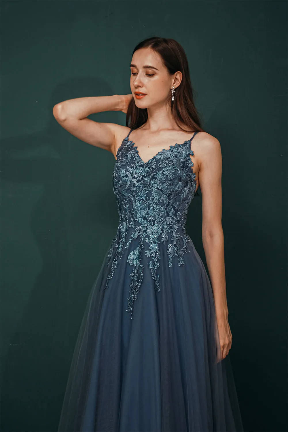 Unique Dusty Blue Tulle A-line Low back Spaghetti-strap Prom Dress