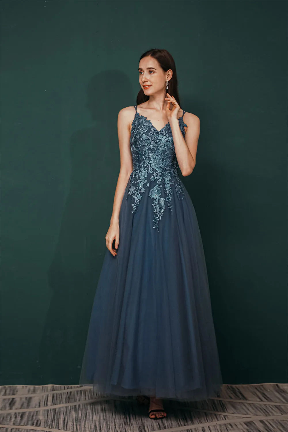 Unique Dusty Blue Tulle A-line Low back Spaghetti-strap Prom Dress