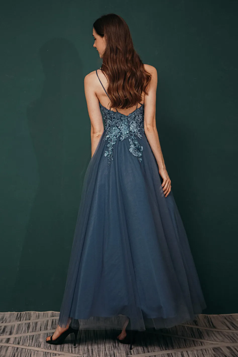 Unique Dusty Blue Tulle A-line Low back Spaghetti-strap Prom Dress