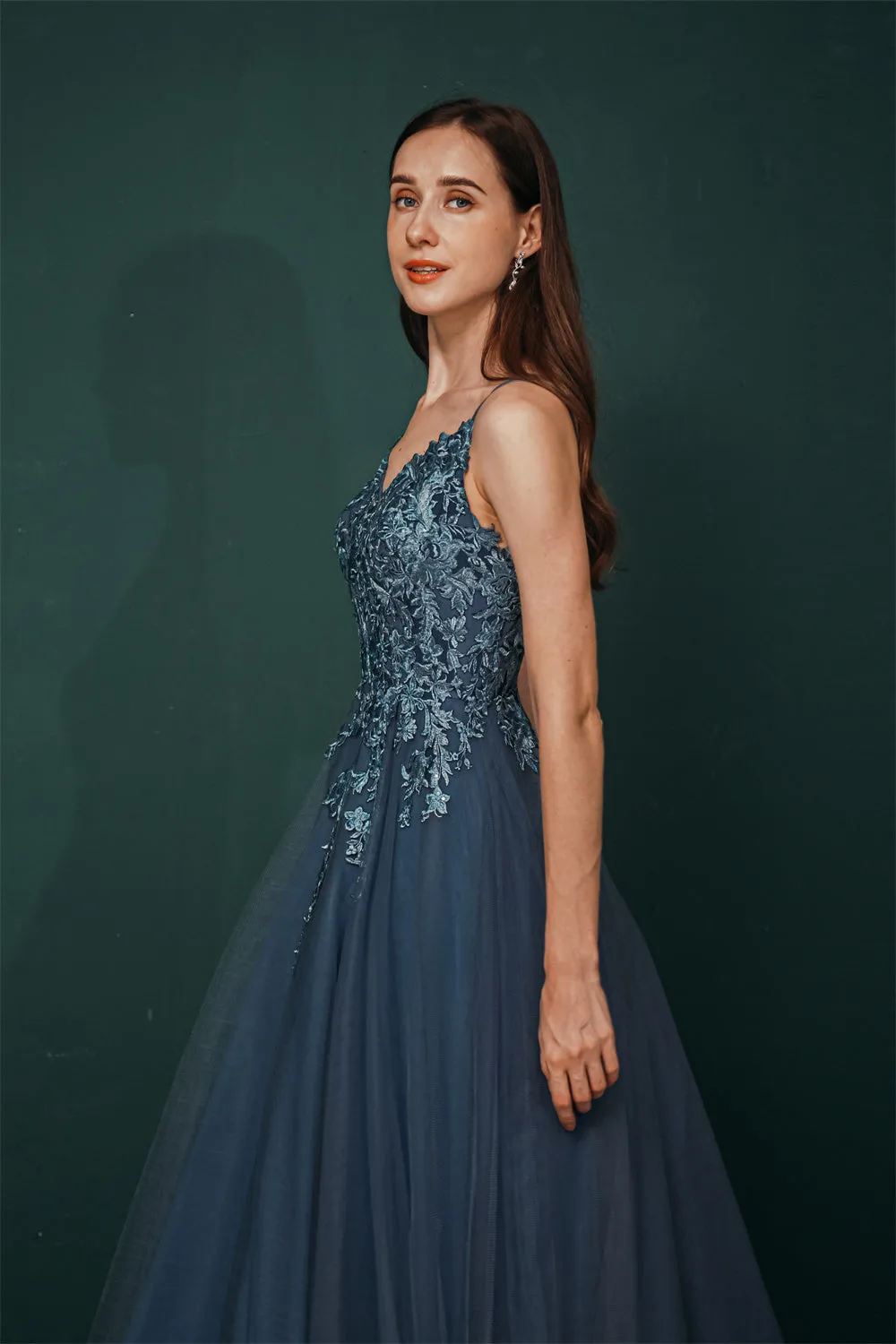 Unique Dusty Blue Tulle A-line Low back Spaghetti-strap Prom Dress