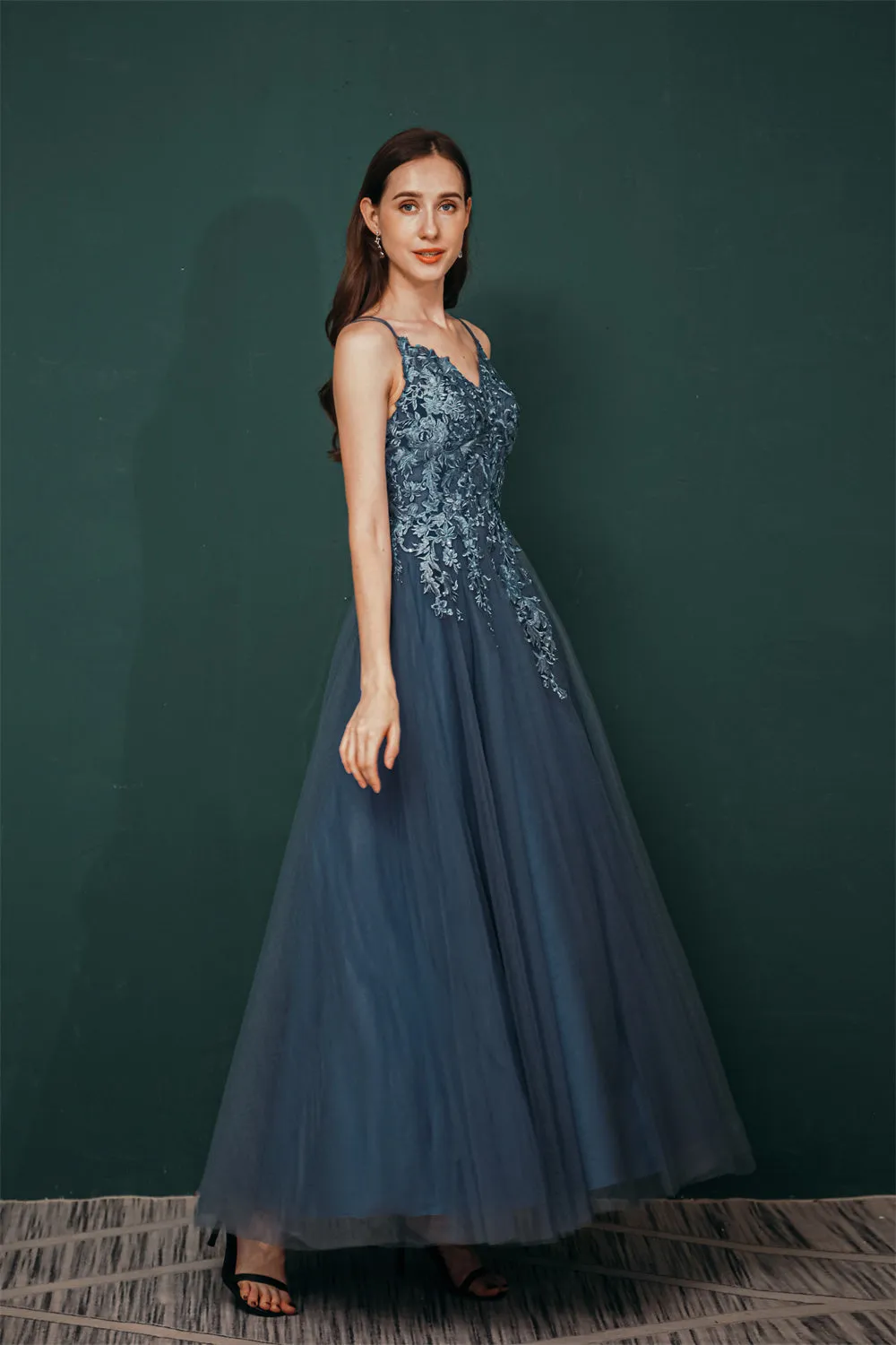 Unique Dusty Blue Tulle A-line Low back Spaghetti-strap Prom Dress