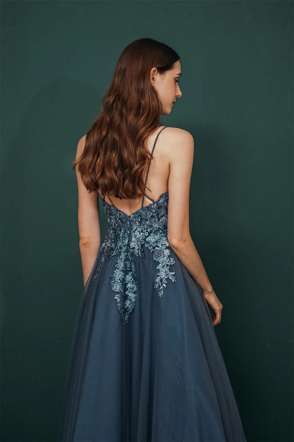 Unique Dusty Blue Tulle A-line Low back Spaghetti-strap Prom Dress