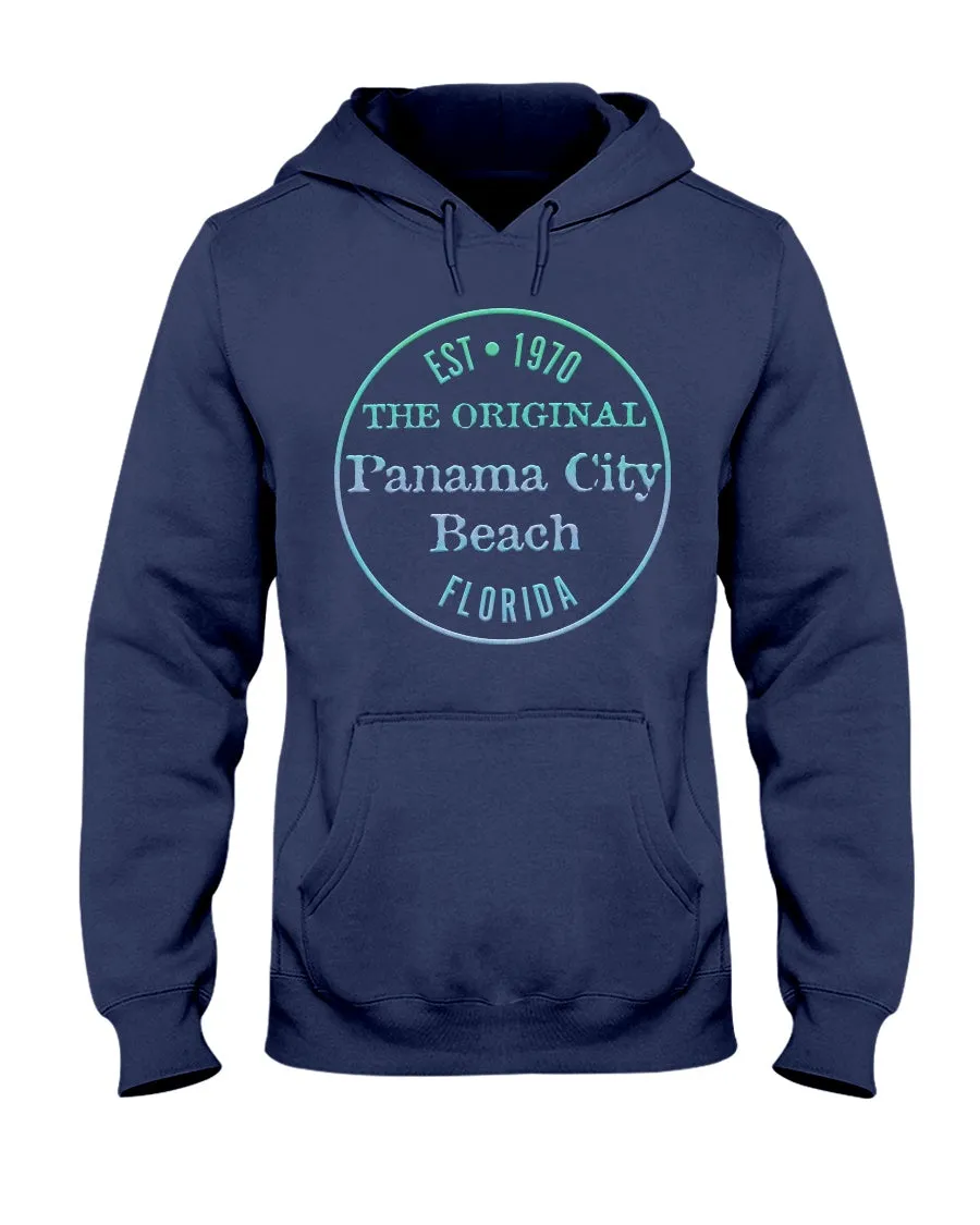 Unisex Panama City Beach FL Hoodie Vtg 1970 Logo Bevel Texture Blues Gradient