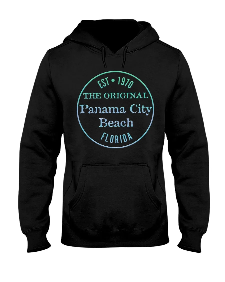 Unisex Panama City Beach FL Hoodie Vtg 1970 Logo Bevel Texture Blues Gradient