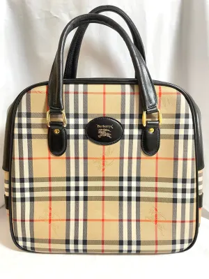 Vintage Burberry classic beige nova check fabric handbag with black leather trimmings. Classic Burberry bag. Large bag. Unisex. 0409051