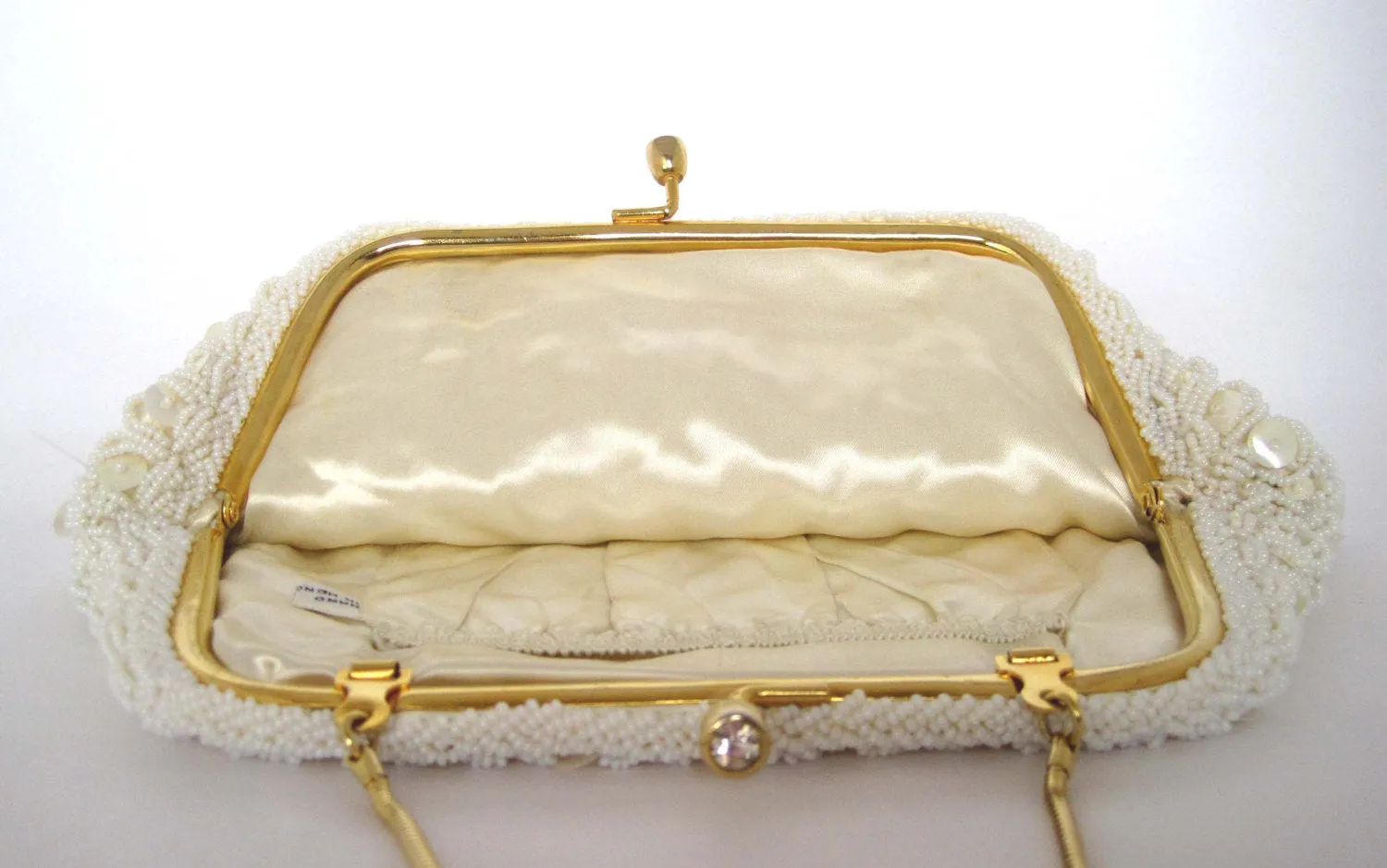 Vintage Sequin White Bridal Satin Beaded Pearl Handbag / Purse / Clutch