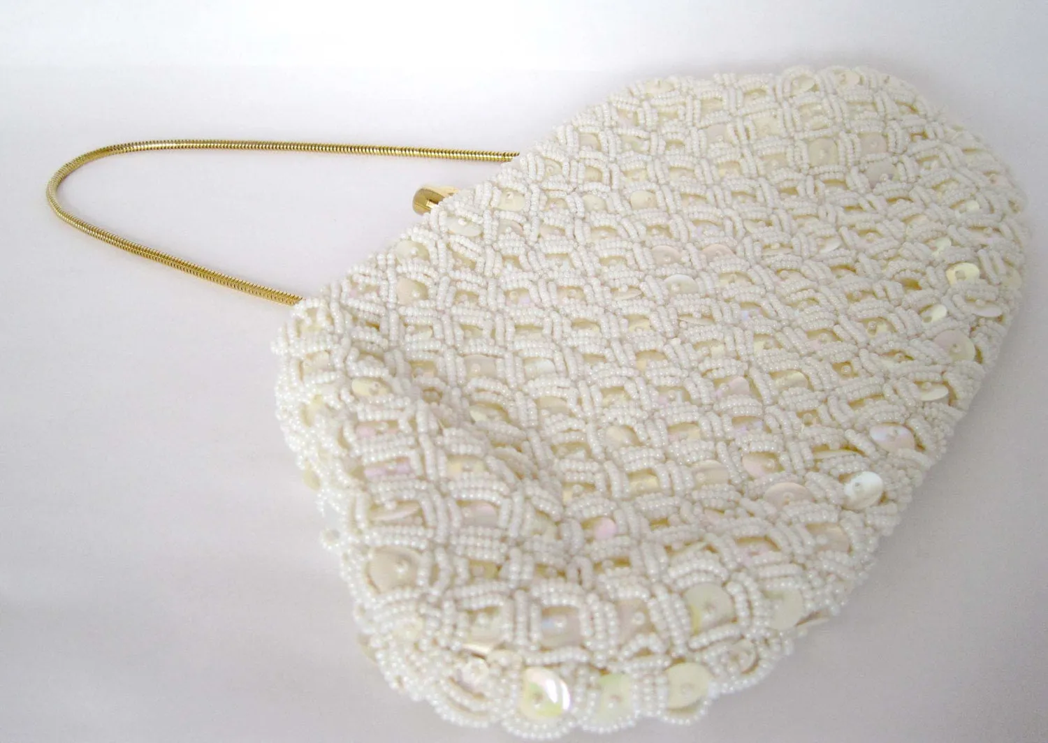 Vintage Sequin White Bridal Satin Beaded Pearl Handbag / Purse / Clutch