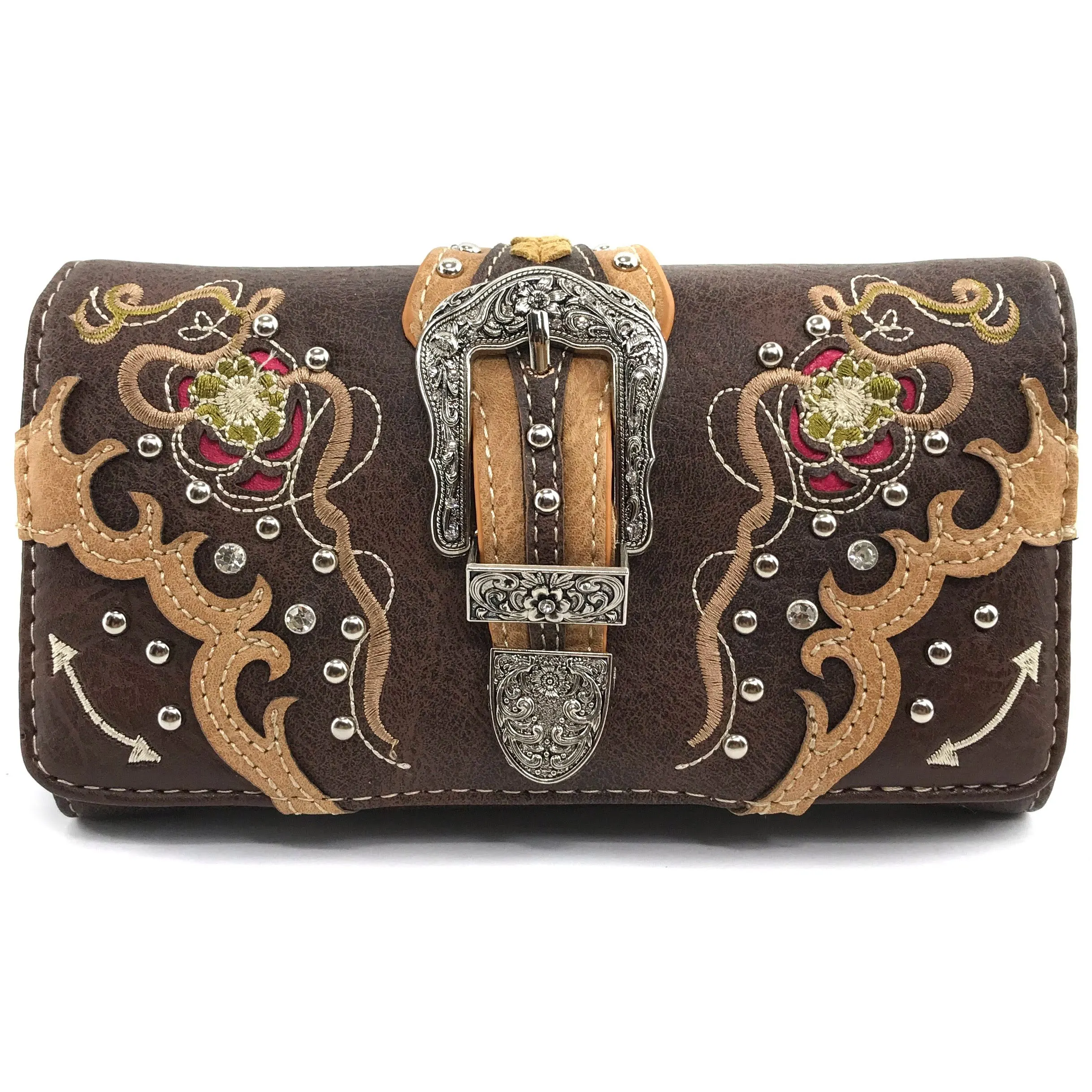 Western Peak Brown Gold Pink Silver Belt Buckle Floral Concealed Carry Trifold Wallet